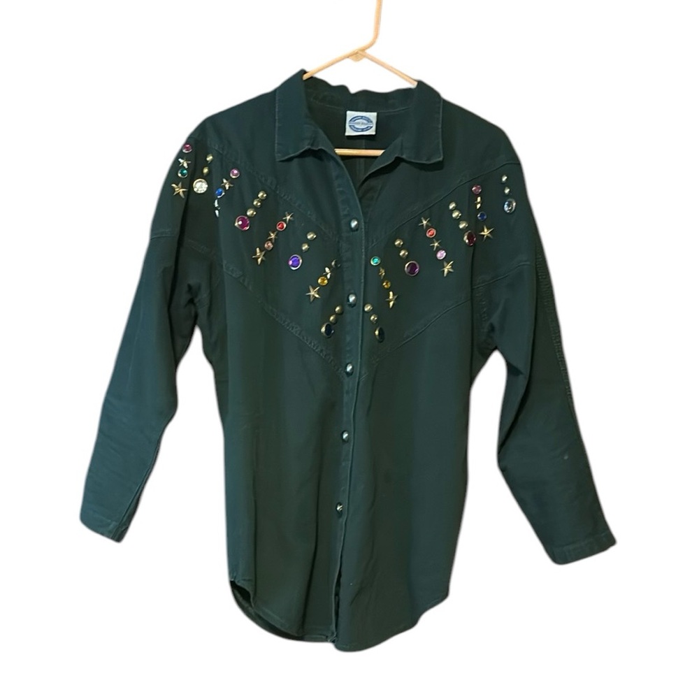 80s Embellished Green Shirt Bingo! Bingo! Studs Rhinstone